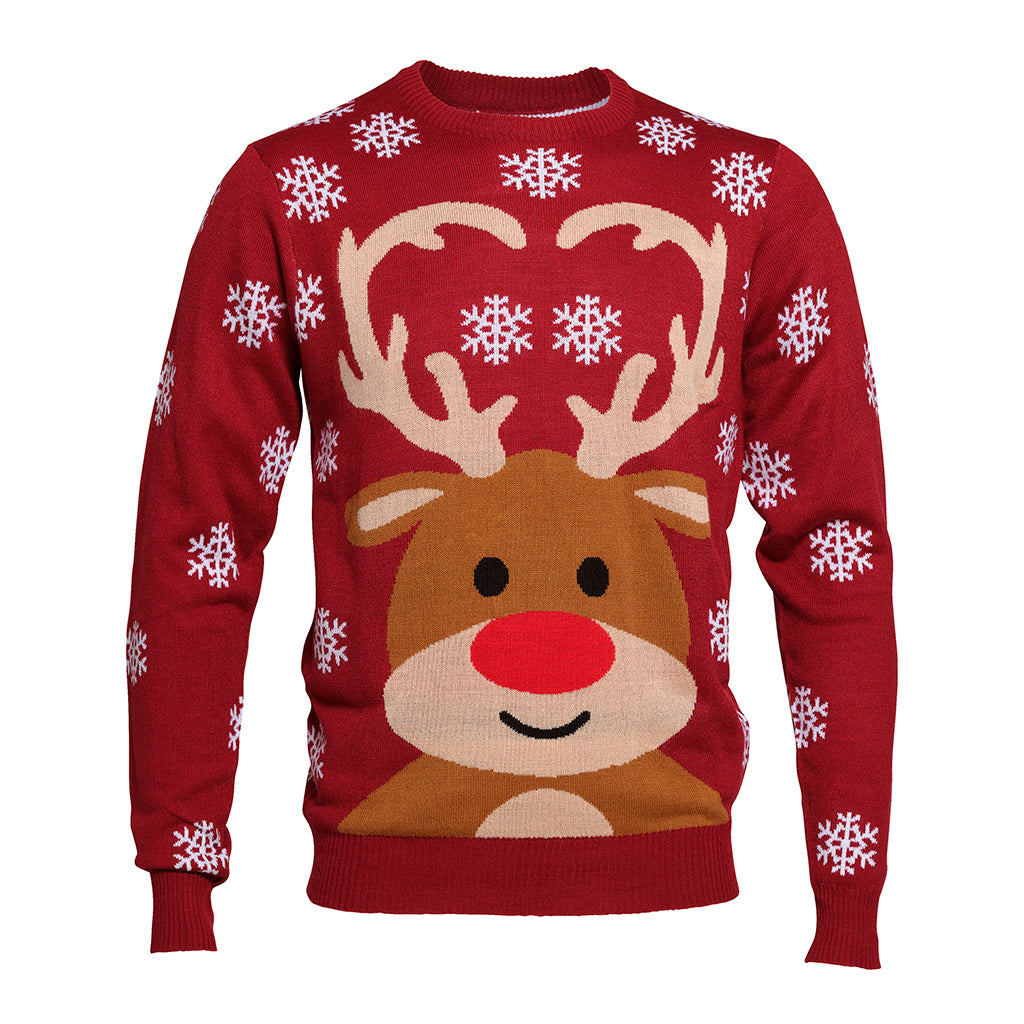 En rød julegenser med reinsdyr og snømann på.